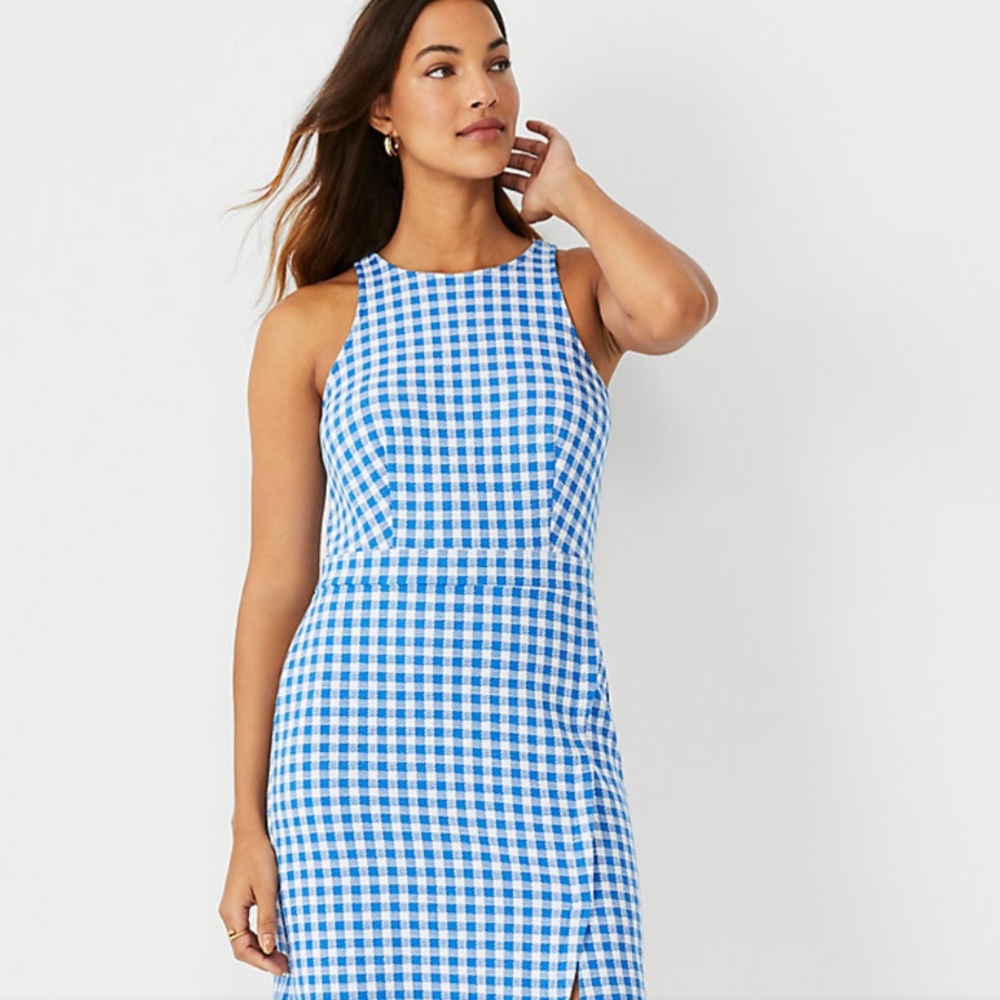 Ann Taylor Gingham Knit Sheath Dress Blue & White Size 2